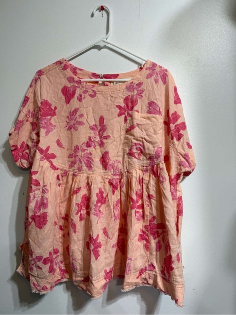 We The Free Peach Pink Floral Linen Blend Babydoll Short Sleeve Top XS